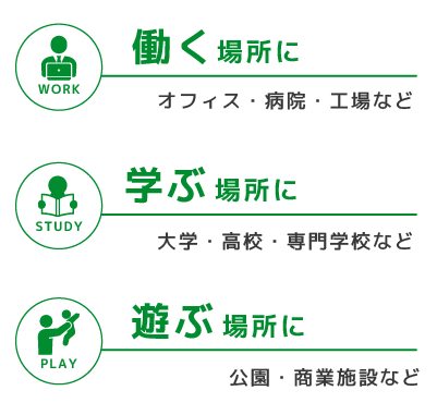 WORK 働く場所に オフィス・病院・工場など STUDY 学ぶ場所に 大学・高校・専門学校など PLAY 遊ぶ場所に 公園・商業施設など